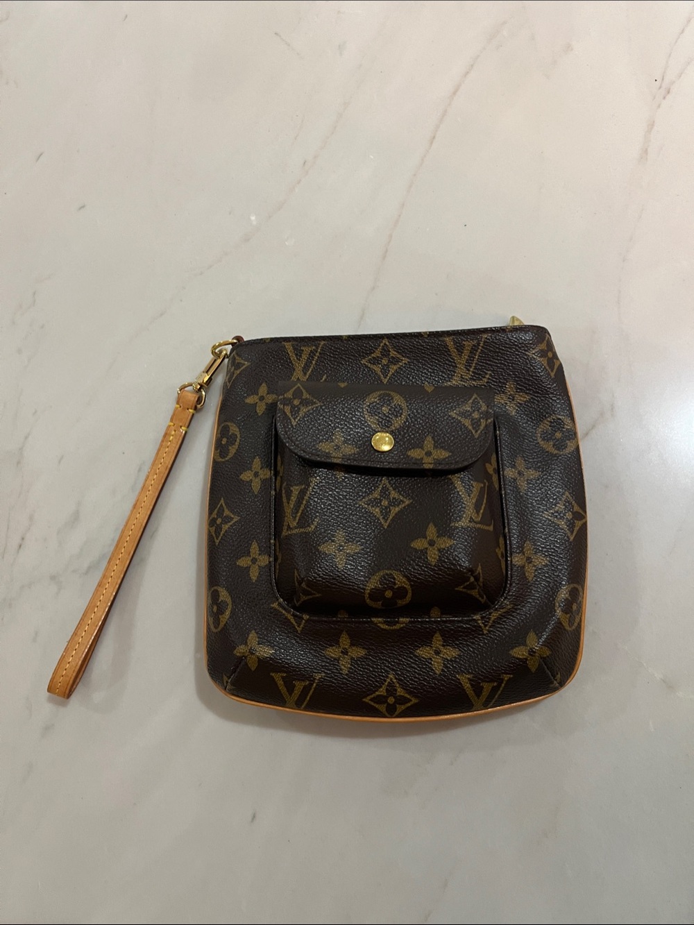 Louis Vuitton Monogram Canvas Wristlet with Tan Strap